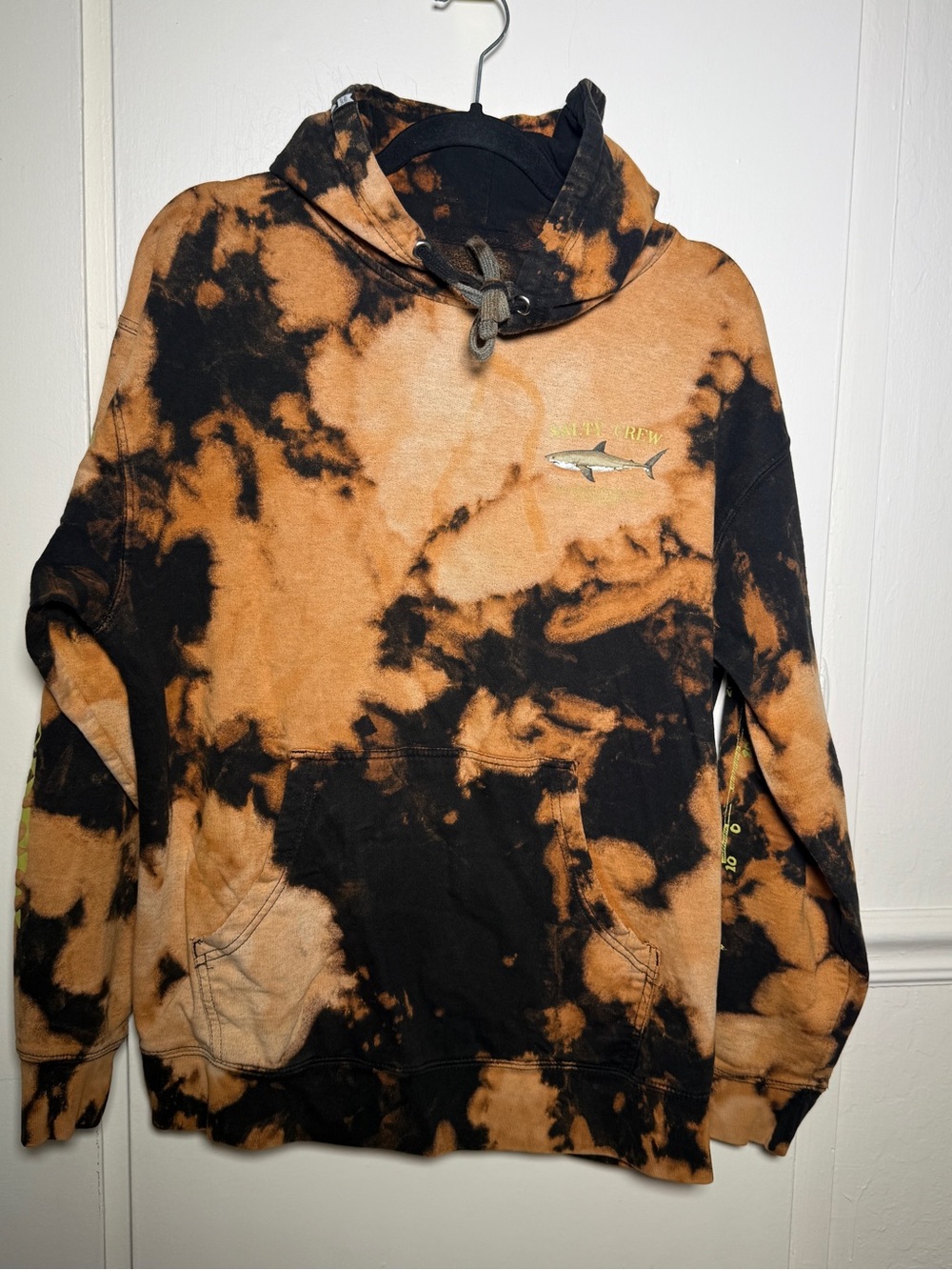 Salty Crew Tie-Dye Black and Orange Hooded Sweatshirt with Shark Accent Large